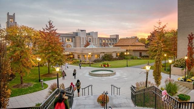 View of Queens campus lower campus at sunset